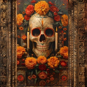 K&ouml;nnte beinhalten: Kunstwerk zum Thema Tag der Toten mit einem verzierten Totenkopf, geschm&uuml;ckt mit orangefarbenen Ringelblumen und roten Rosen. Zwei brennende Kerzen flankieren den Sch&auml;del. Das Kunstwerk ist in einem verzierten, goldfarbenen Rahmen.