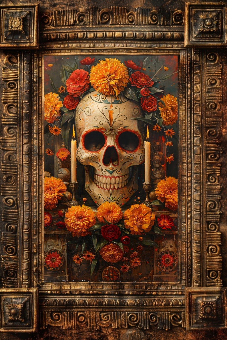 K&ouml;nnte beinhalten: Kunstwerk zum Thema Tag der Toten mit einem verzierten Totenkopf, geschm&uuml;ckt mit orangefarbenen Ringelblumen und roten Rosen. Zwei brennende Kerzen flankieren den Sch&auml;del. Das Kunstwerk ist in einem verzierten, goldfarbenen Rahmen.