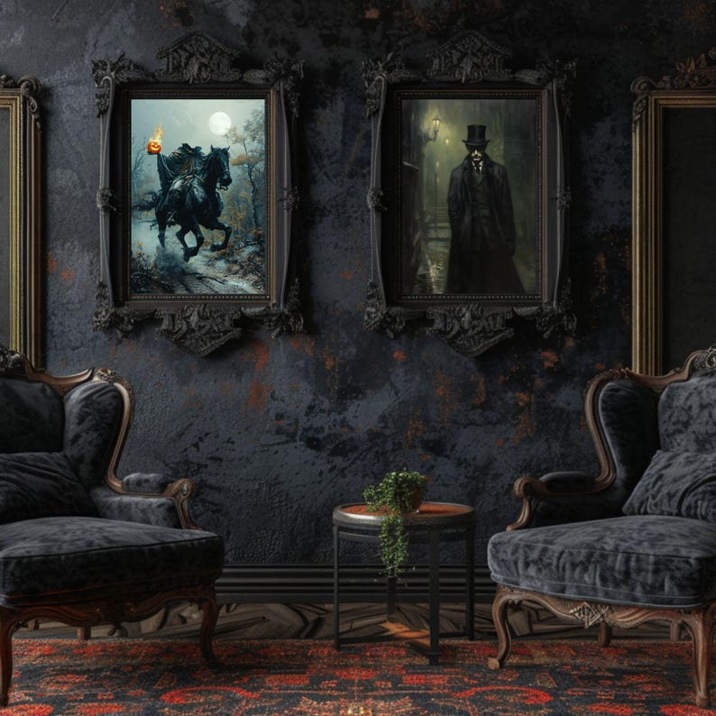 Pode incluir: Dois quadros retangulares com molduras pretas ornamentadas. A impress&atilde;o da esquerda retrata um cavaleiro sem cabe&ccedil;a montando um cavalo preto com uma ab&oacute;bora em chamas. A da direita mostra uma figura de cartola e sobretudo num beco.