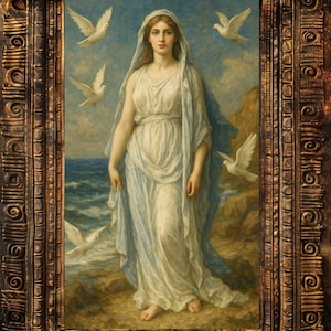 May include: A painting of a woman in a white robe standing on a beach with white doves flying around her. The woman has long brown hair and is looking at the viewer. The background is a blue sky and a body of water.