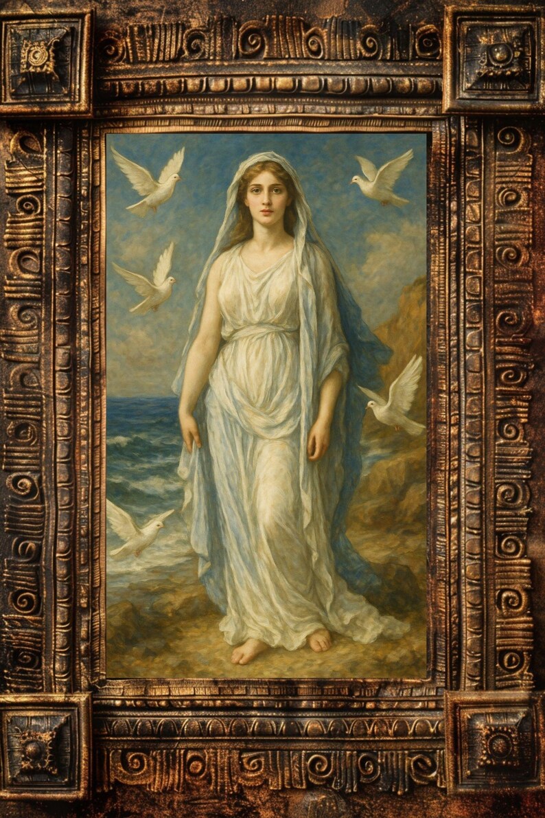 May include: A painting of a woman in a white robe standing on a beach with white doves flying around her. The woman has long brown hair and is looking at the viewer. The background is a blue sky and a body of water.