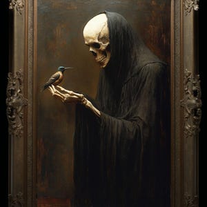 May include: A painting of a skeletal figure in a black robe holding a small bird in its hand. The figure is depicted as Death, and the bird represents life. The painting is framed in a dark wood frame.