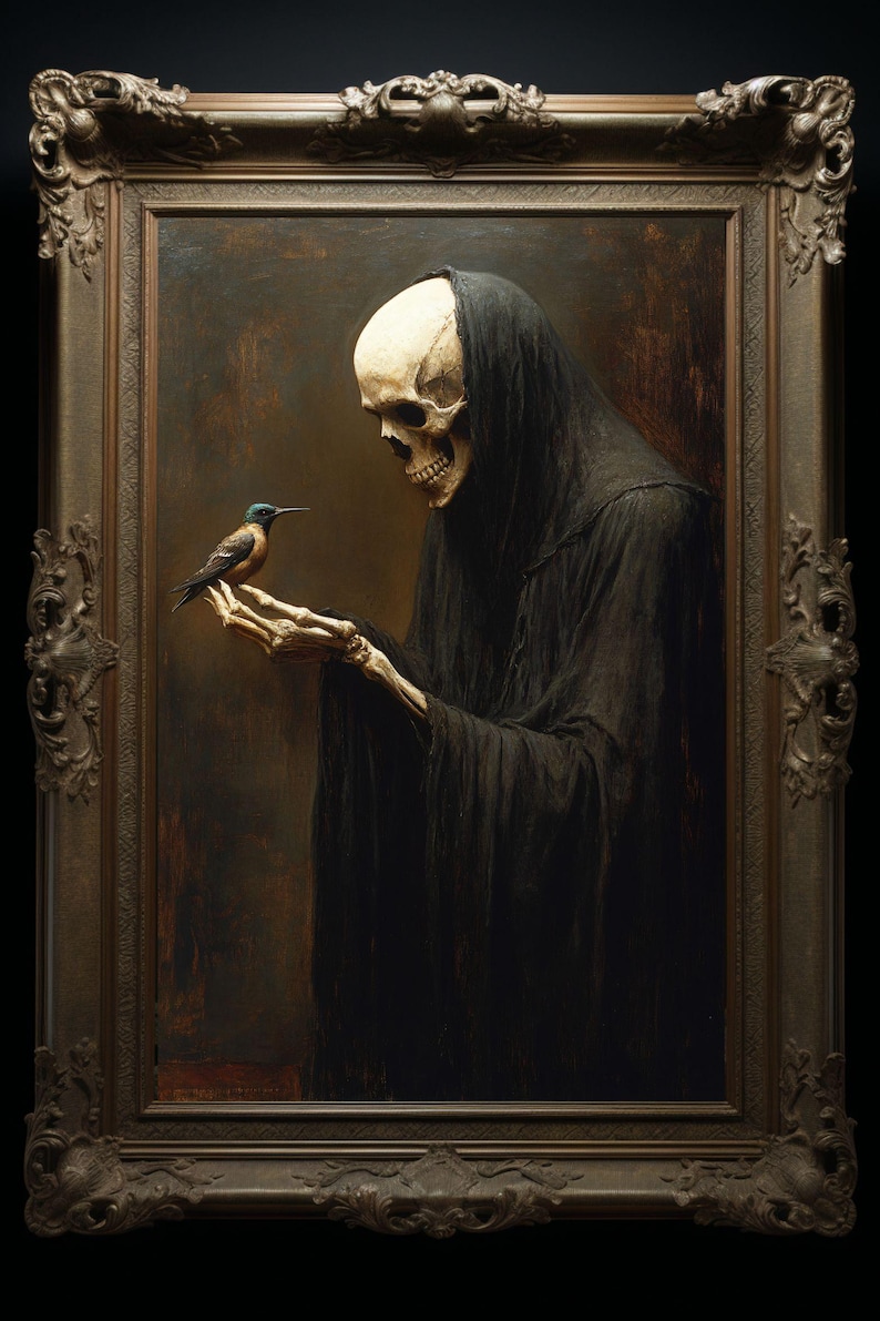 Primary: A hooded grim reaper cradling a hummingbird gently on one skeletal hand.
Detail: Close-up of the hummingbird's delicate wings resting against the reaper's bony fingers.
Styled: The Grim Reaper and hummingbird print framed in a moody memento mori gallery wall.
Size reference: The Grim Reaper art print shown at 12x18 scale on a dark wall.
Care card: Archival matte print with framing and care instructions for the Grim Reaper print.