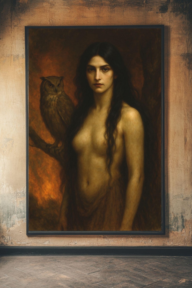 Lámina artística de Lilith: Diosa oscura, búho, decoración gótica para el hogar imagen 1