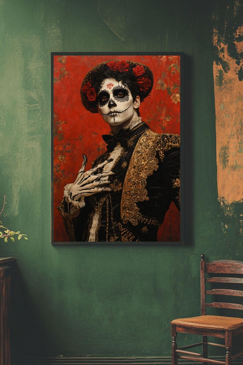 May include: Framed portrait of a person in Day of the Dead attire. The person has skull face paint, a black outfit with gold embroidery, and a hat with red roses. The background is a textured red.