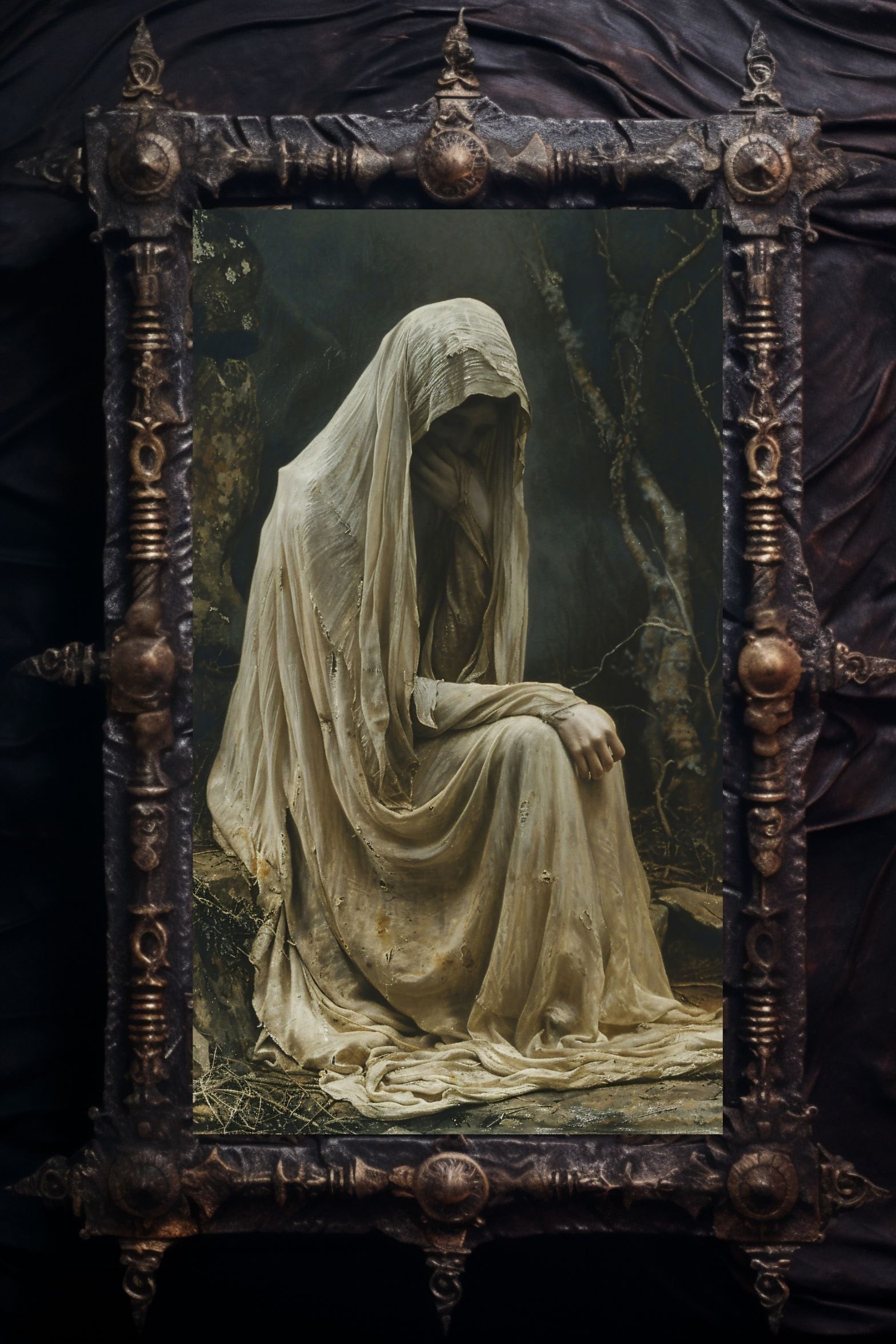 額装品/Ghost of/メリケ・エストナ/アート/ポスター/インテリア Weeping Woman Art Print: Gothic Graveyard Ghost, Halloween Decor