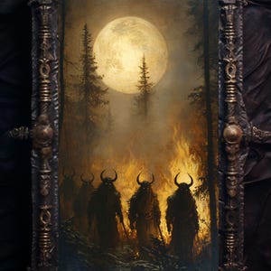 May include: A painting of four horned figures walking through a forest fire under a full moon. The figures are dark and shadowy, and the fire is bright and orange. The moon is a pale yellow and is surrounded by a dark sky.