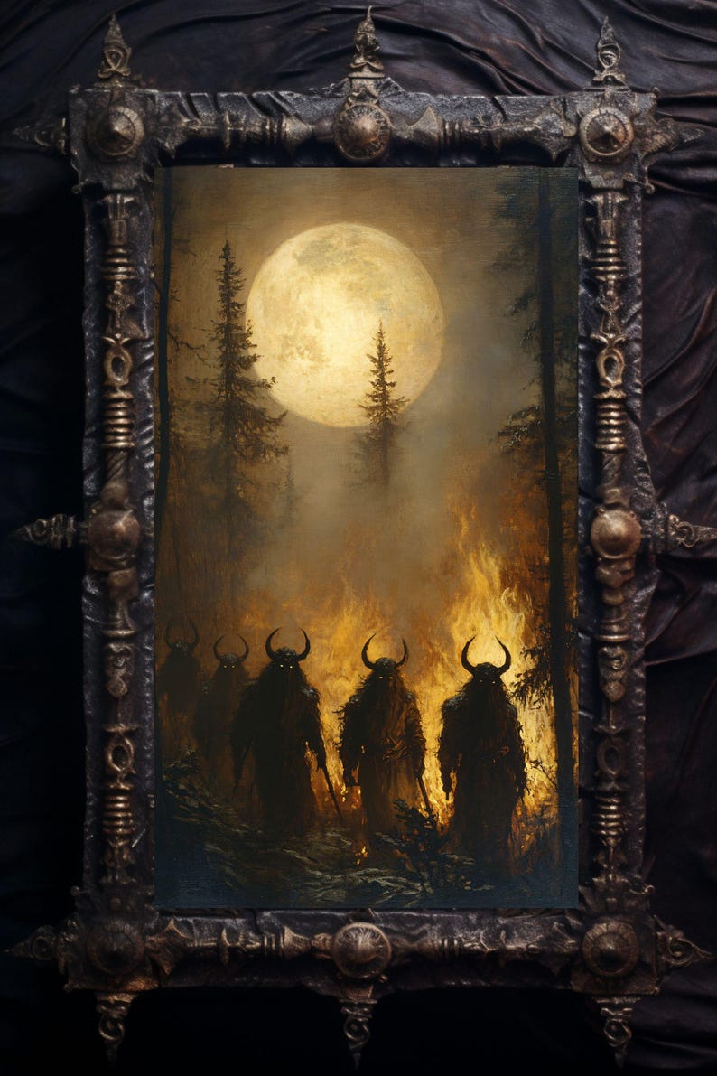 May include: A painting of four horned figures walking through a forest fire under a full moon. The figures are dark and shadowy, and the fire is bright and orange. The moon is a pale yellow and is surrounded by a dark sky.