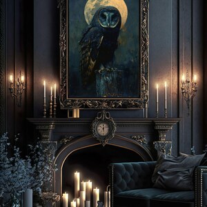 May include: A dark, moody living room with a fireplace and a large framed painting of an owl perched on a branch under a full moon. The room is decorated with candles and a plush velvet sofa.