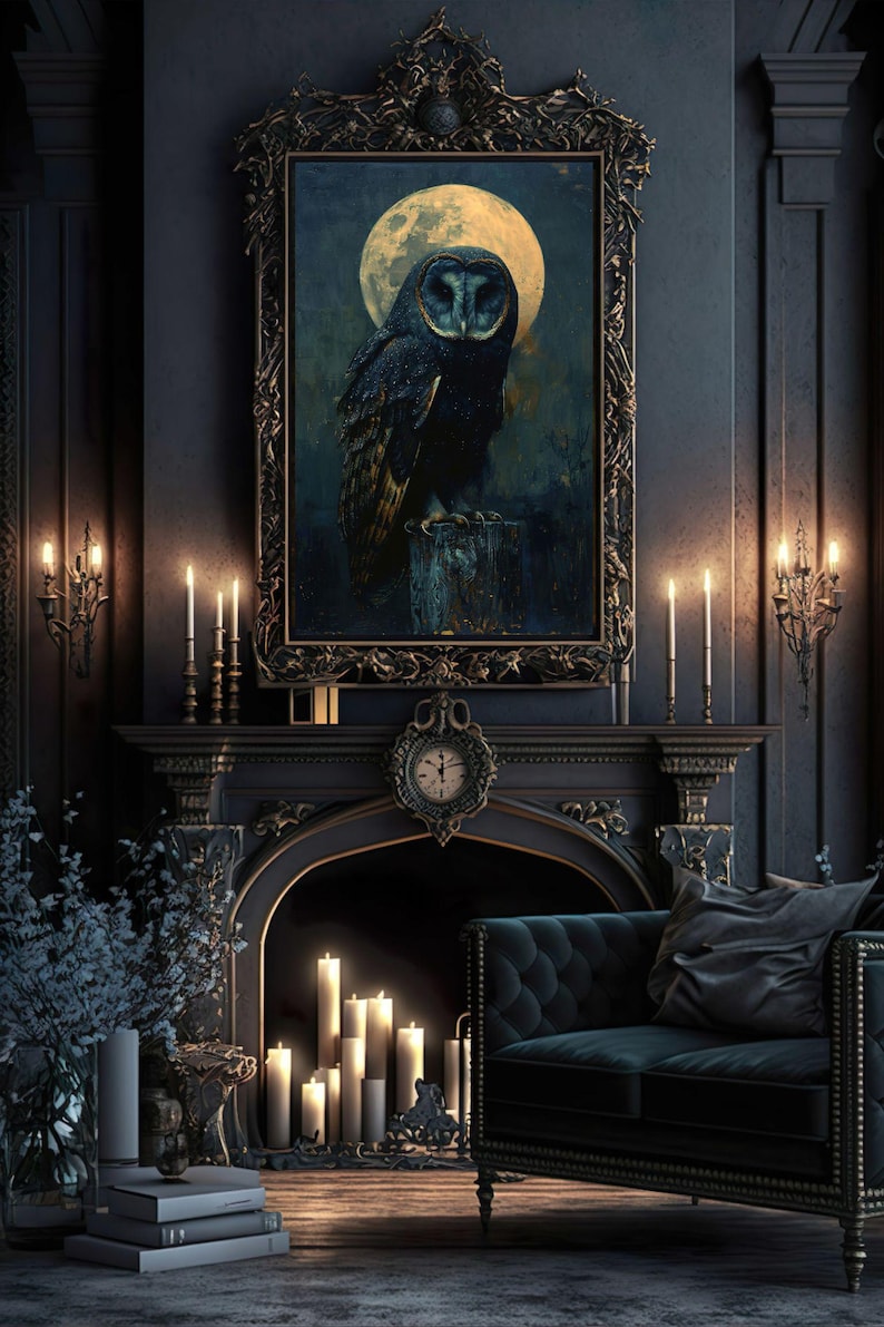 May include: A dark, moody living room with a fireplace and a large framed painting of an owl perched on a branch under a full moon. The room is decorated with candles and a plush velvet sofa.