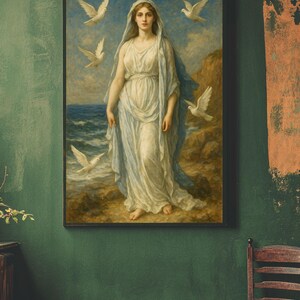 May include: A painting of a woman in a white dress and blue robe standing on a rocky shore with white doves flying around her.