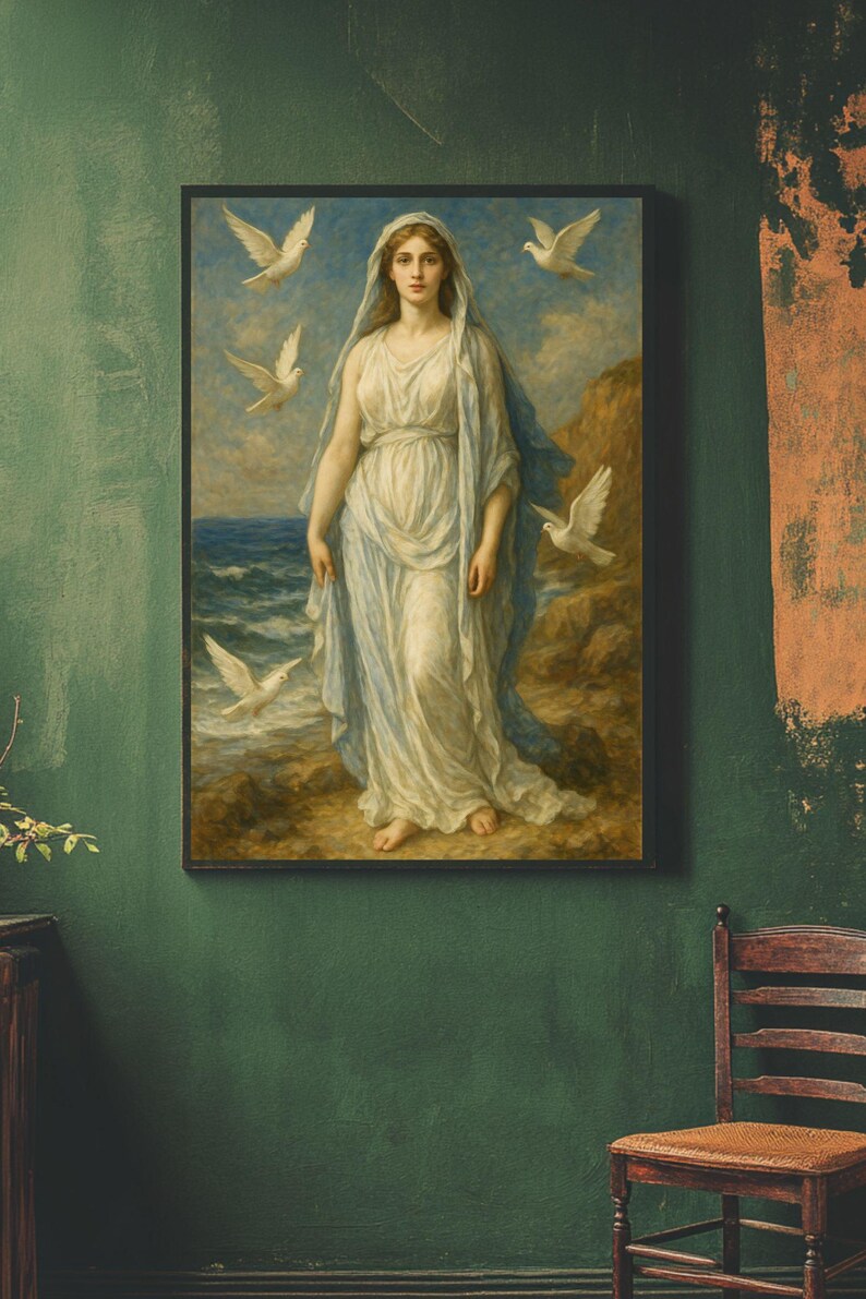May include: A painting of a woman in a white dress and blue robe standing on a rocky shore with white doves flying around her.