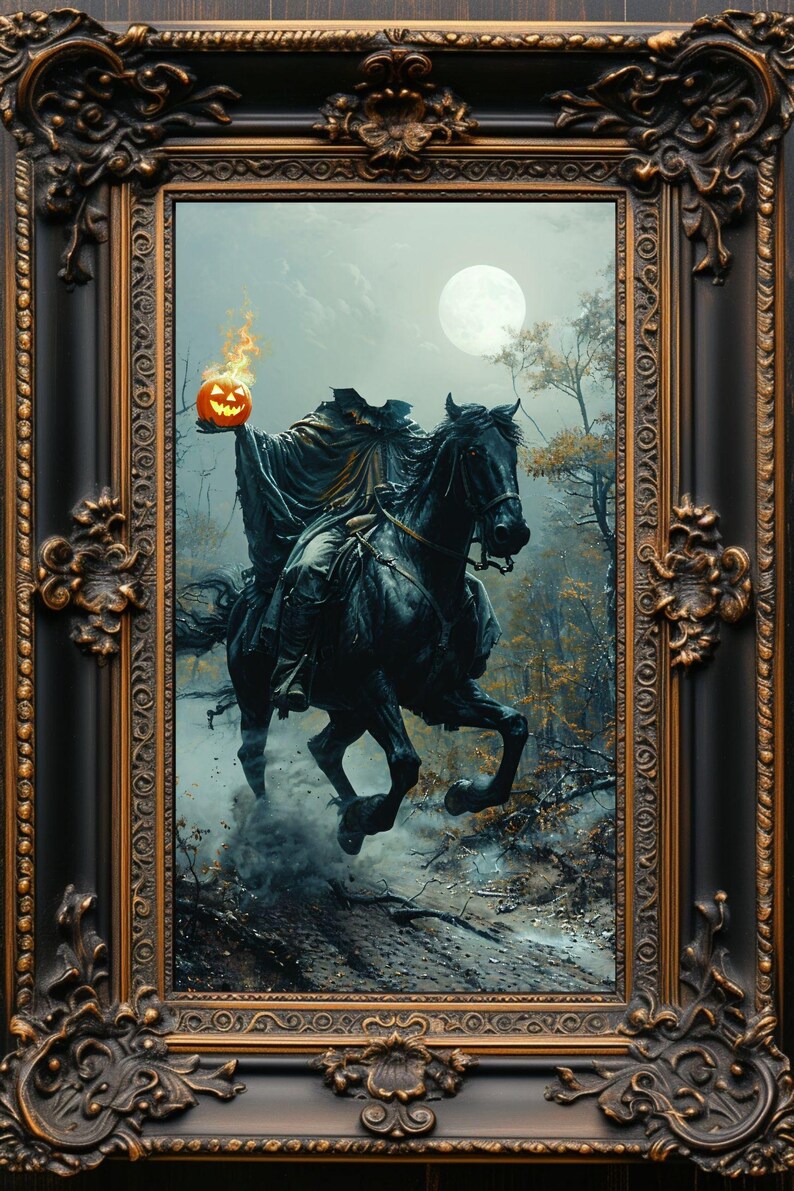 A framed painting of a the Headless Horseman riding a black horse through a foggy forest. The figure is holding a lit jack-o'-lantern. The moon is visible in the sky.