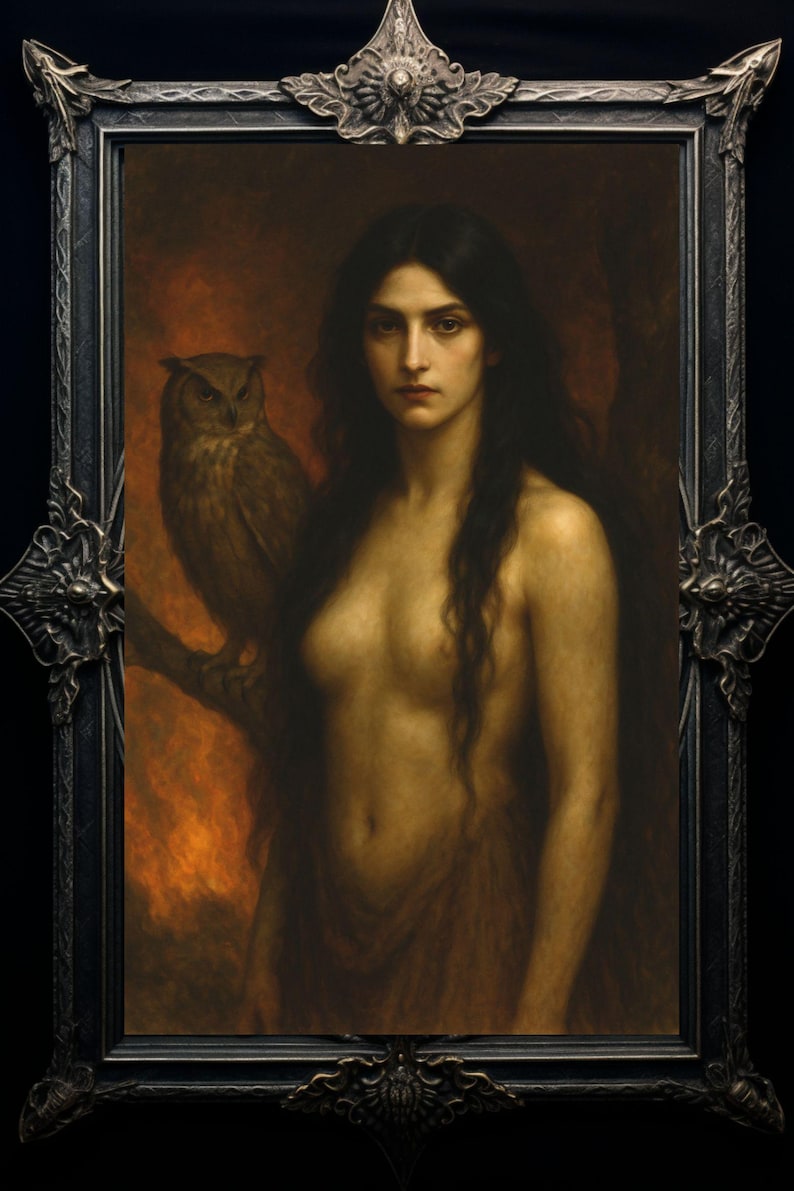 Lámina artística de Lilith: Diosa oscura, búho, decoración gótica para el hogar imagen 10