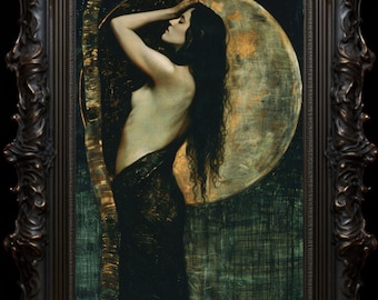 May include: A painting of a woman with long dark hair, standing in front of a large, golden moon. She is wearing a black dress and has her hand on her head. The background is a dark green and blue.