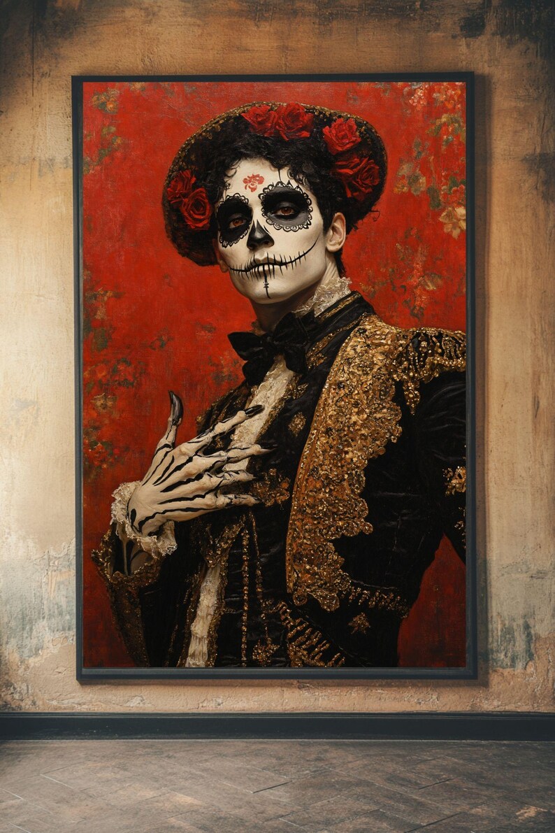 May include: A framed portrait of a person in Day of the Dead attire. The person wears a black suit with gold trim, a black bow tie, and a hat adorned with red roses. The face is painted with a skull design against a red floral background.