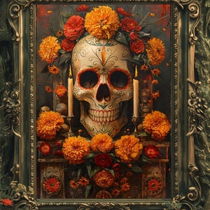 K&ouml;nnte beinhalten: Ein gerahmtes Kunstwerk mit einem verzierten Totenkopf, geschm&uuml;ckt mit orangefarbenen Ringelblumen und roten Rosen. Zwei brennende Kerzen flankieren den Sch&auml;del. Der verzierte Rahmen hat eine dunkelgr&uuml;ne Oberfl&auml;che, der Hintergrund ist dunkelrot und gr&uuml;n.
