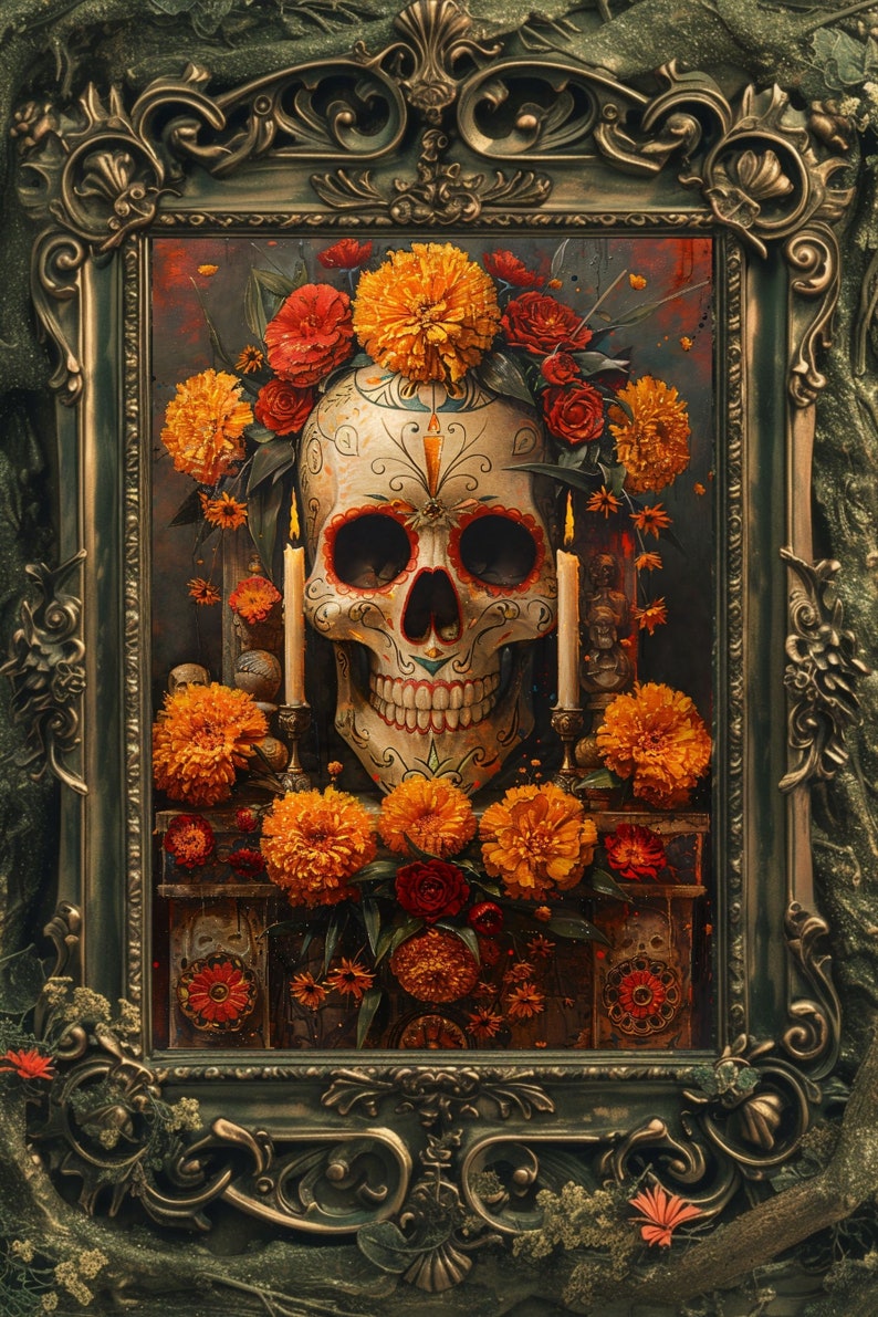 K&ouml;nnte beinhalten: Ein gerahmtes Kunstwerk mit einem verzierten Totenkopf, geschm&uuml;ckt mit orangefarbenen Ringelblumen und roten Rosen. Zwei brennende Kerzen flankieren den Sch&auml;del. Der verzierte Rahmen hat eine dunkelgr&uuml;ne Oberfl&auml;che, der Hintergrund ist dunkelrot und gr&uuml;n.