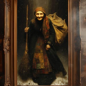 May include: A framed painting of an elderly woman in a dark cloak and patterned skirt, holding a broom and a large sack. The artwork has a vintage aesthetic, with a warm color palette and a detailed, ornate frame. The background suggests a snowy, outdoor setting.