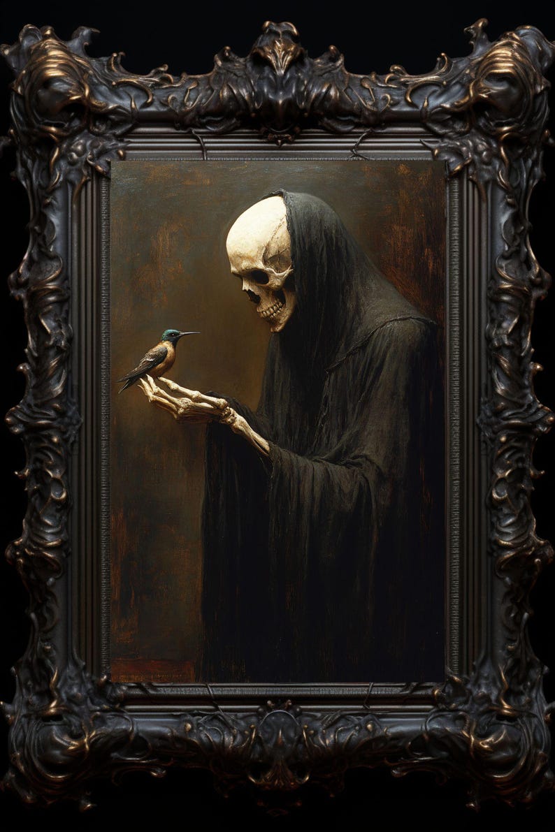 May include: A painting of a skeletal figure in a black robe, holding out a small bird with green and brown feathers. The figure has a skull-like face and is set against a dark background.