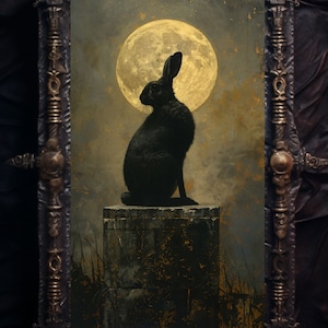 May include: A black rabbit sits on a stone pedestal in front of a large, full moon. The moon is a pale yellow color and the background is a dark blue with hints of gold.