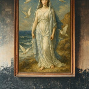 May include: A painting of a woman in a white robe standing on a rocky shore with white doves flying around her. The woman has long brown hair and is looking directly at the viewer. The painting is framed in a wooden frame.