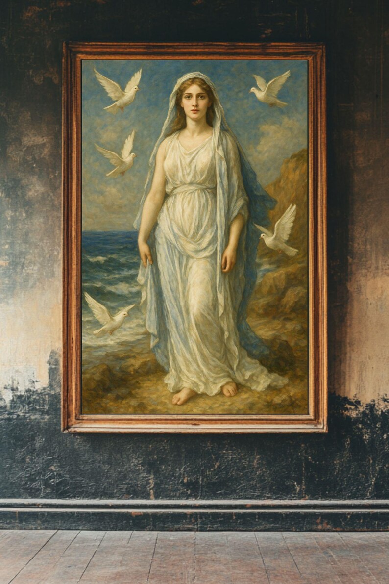 May include: A painting of a woman in a white robe standing on a rocky shore with white doves flying around her. The woman has long brown hair and is looking directly at the viewer. The painting is framed in a wooden frame.