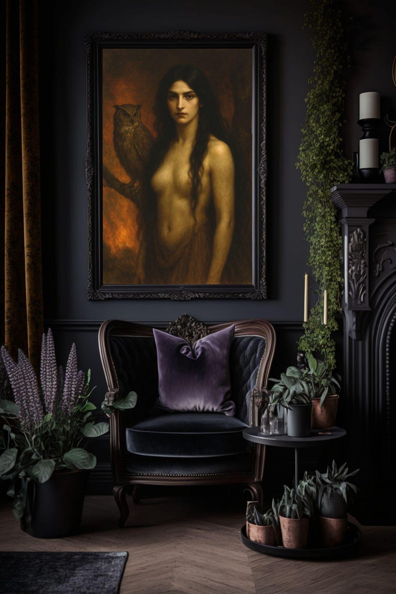 Lámina artística de Lilith: Diosa oscura, búho, decoración gótica para el hogar imagen 2