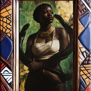 May include: A framed artwork featuring a woman adorned with gold jewelry, embracing two black snakes. The frame has a decorative, colorful mosaic design. The woman wears a white top and is set against a green and yellow background.