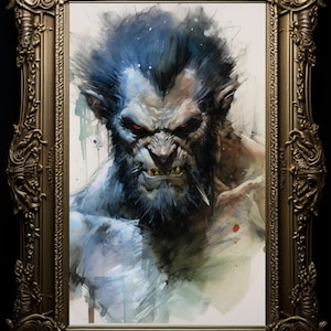 Wolf Man Werewolf Watercolor Art Print, Poster Home Decor, Dark Gothic Fantasy Horror, Lycan Creature Monster Cinema Film, Sinister Artwork