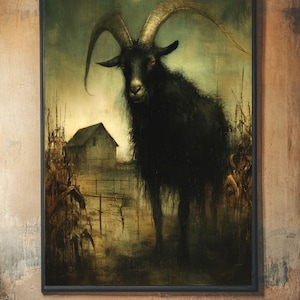 May include: A framed painting depicts a black goat with large horns, red eyes, and a shaggy coat. The goat stands in a field with a barn in the background under a moonlit sky. The artwork has a dark, gothic aesthetic.