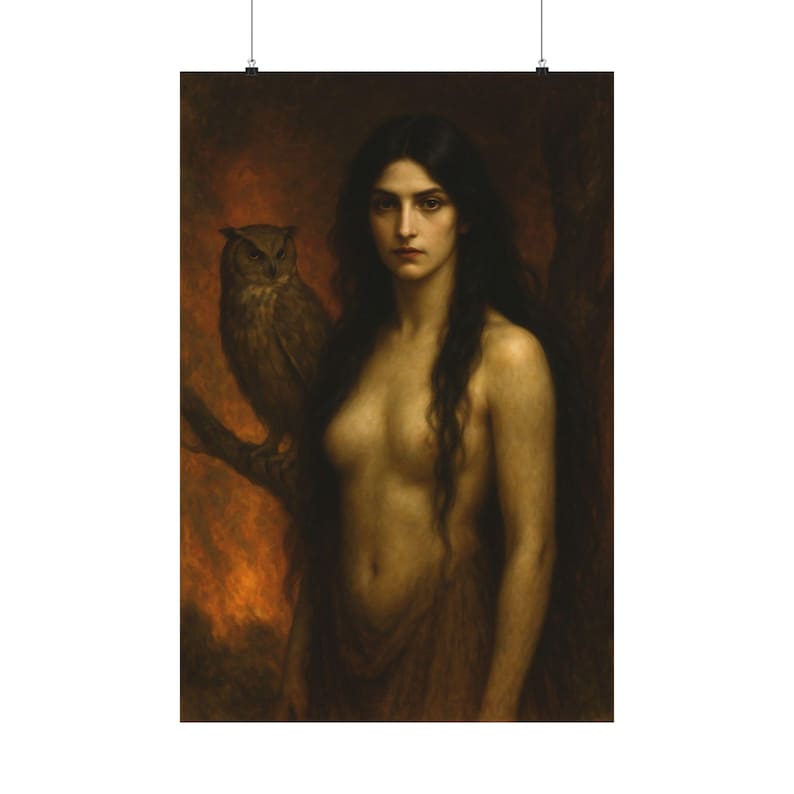 Lámina artística de Lilith: Diosa oscura, búho, decoración gótica para el hogar imagen 3