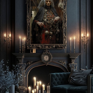 May include: A dark, ornate room with a fireplace and a large framed portrait of a woman wearing a white head covering and a long black dress adorned with skulls and chains. The portrait is hanging above the fireplace, which is lit with candles. A dark green velvet sofa sits in front of the fireplace.