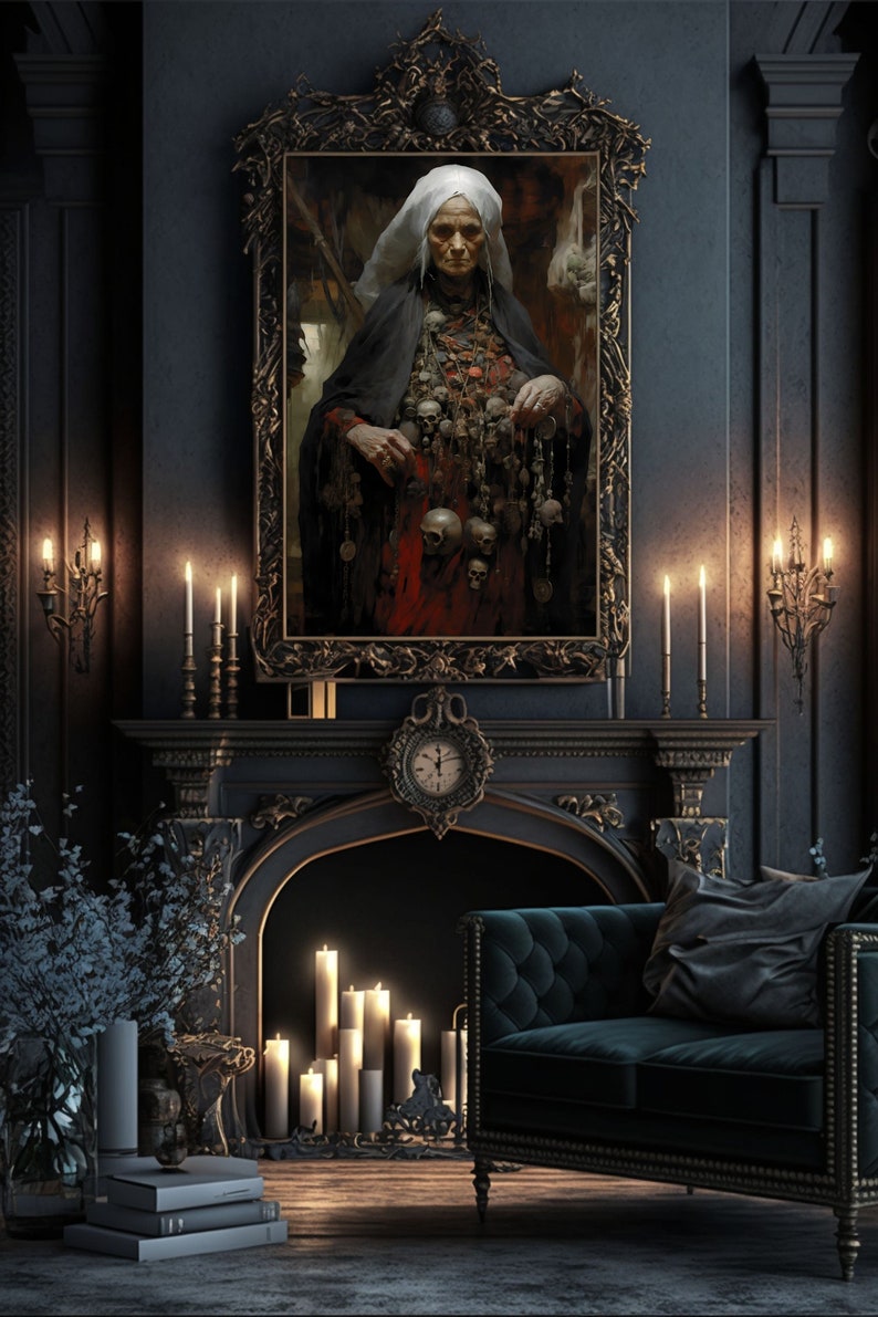 May include: A dark, ornate room with a fireplace and a large framed portrait of a woman wearing a white head covering and a long black dress adorned with skulls and chains. The portrait is hanging above the fireplace, which is lit with candles. A dark green velvet sofa sits in front of the fireplace.