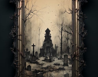 Haunted Cemetery Art Print Wall Hanging Home Decor Samhain Gothic Dark Fantasy Spooky Graveyard Macabre Bewitching Scary Halloween Artwork