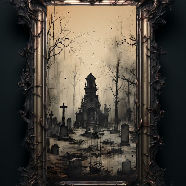 Haunted Cemetery Art Print Wall Hanging Home Decor Samhain Gothic Dark Fantasy Spooky Graveyard Macabre Bewitching Scary Halloween Artwork