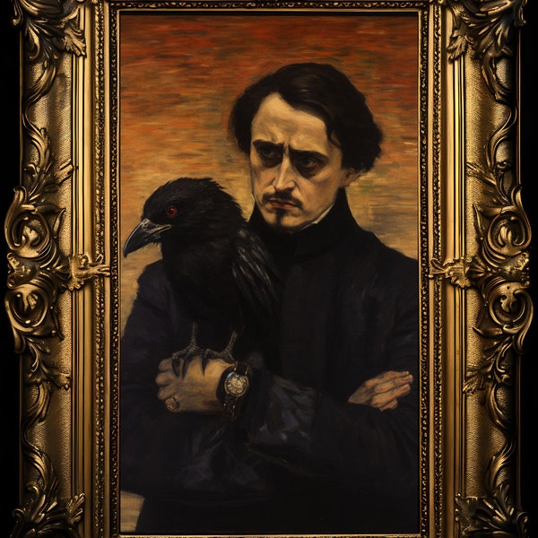 Edgar Allan Poe and Raven Art Print Wall Hanging Home Decor Horror Poetry Literature Story Literary Book Artwork Painting Nevermore