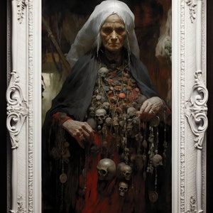 May include: A woman wearing a white head covering and a black robe is adorned with a large amount of jewelry, including many skull charms. The woman is standing in a dark room, and the image is framed in a white ornate frame.