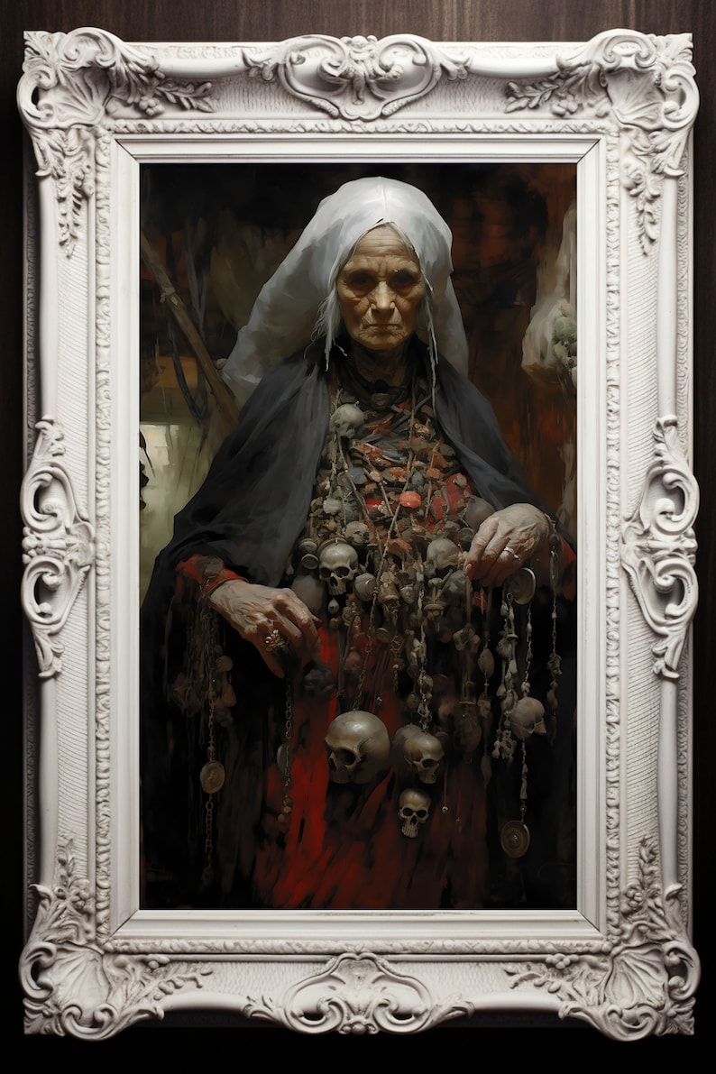 May include: A woman wearing a white head covering and a black robe is adorned with a large amount of jewelry, including many skull charms. The woman is standing in a dark room, and the image is framed in a white ornate frame.