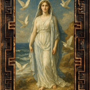 May include: A woman in a white gown and blue shawl stands on a rocky beach with a blue sky and sea in the background.  She is surrounded by white doves in flight.