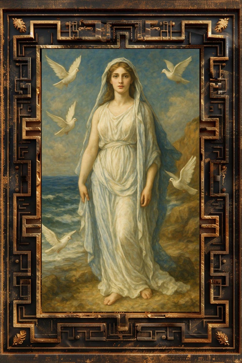May include: A woman in a white gown and blue shawl stands on a rocky beach with a blue sky and sea in the background.  She is surrounded by white doves in flight.