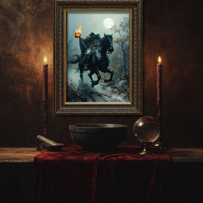 Pode incluir: Uma impress&atilde;o de arte de parede emoldurada retratando um cavaleiro sem cabe&ccedil;a em um cavalo preto em uma floresta enevoada sob uma lua cheia, segurando uma ab&oacute;bora em chamas. A cena est&aacute; sobre uma mesa com duas velas altas, uma tigela e uma bola de cristal.