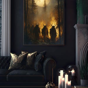 May include: A dark, moody painting of four horned figures walking through a forest fire under a full moon. The figures are silhouetted against the flames and the moon.