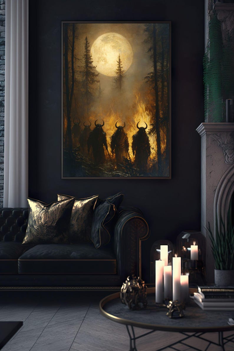May include: A dark, moody painting of four horned figures walking through a forest fire under a full moon. The figures are silhouetted against the flames and the moon.
