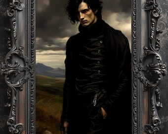 May include: A painting of a man in a dark coat standing in a field with a mountain range in the background. The man has dark hair and is looking off to the side. The sky is cloudy and the field is green.