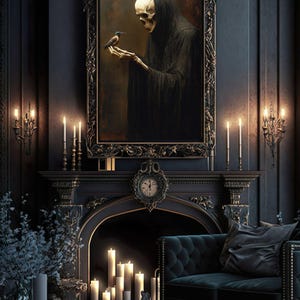 May include: A dark, ornate room with a fireplace and a large framed painting of a skeletal figure in a hooded robe holding a small bird. The room is decorated with candles and a plush velvet sofa.