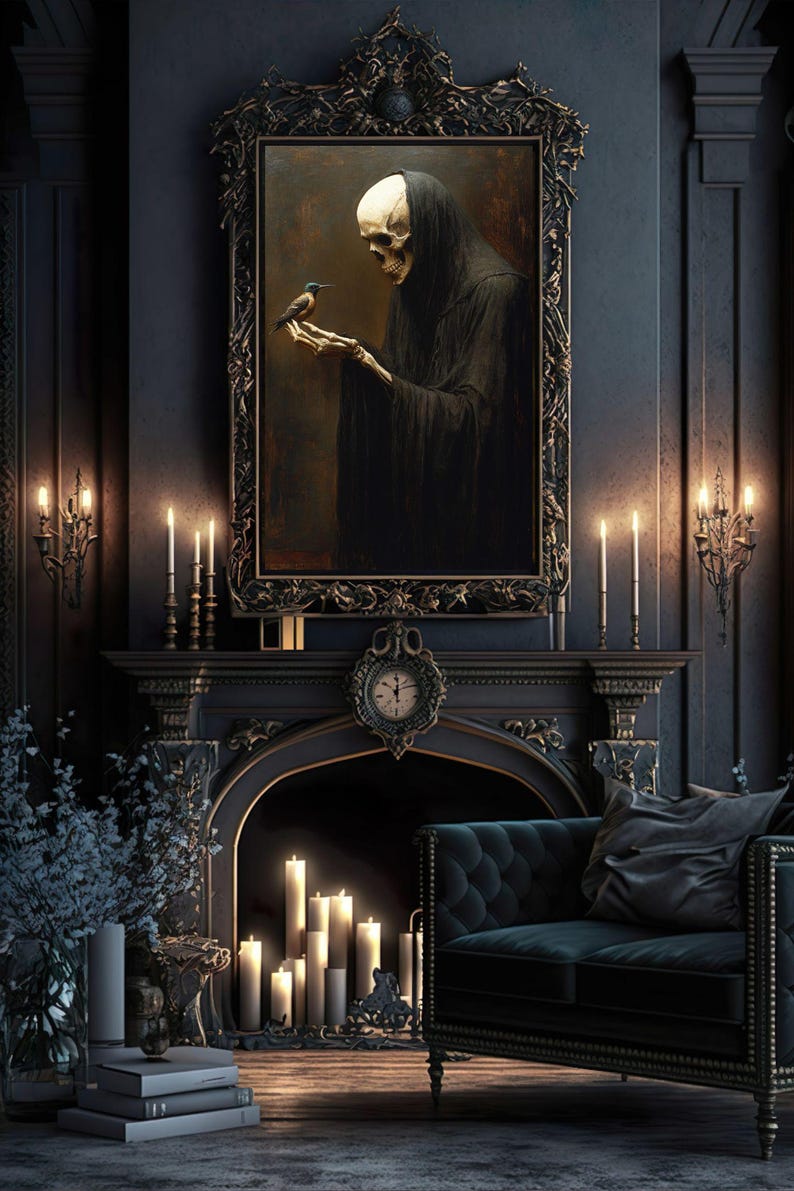 May include: A dark, ornate room with a fireplace and a large framed painting of a skeletal figure in a hooded robe holding a small bird. The room is decorated with candles and a plush velvet sofa.