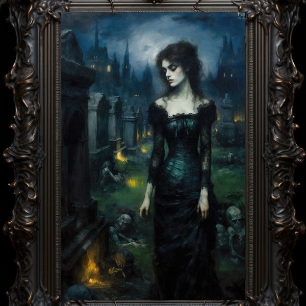 Queen of the Dead Art Print Wall Hanging Home Decor Zombie Horror Undead Necromancy Necromancer Graveyard Cemetery Death Goddess Halloween