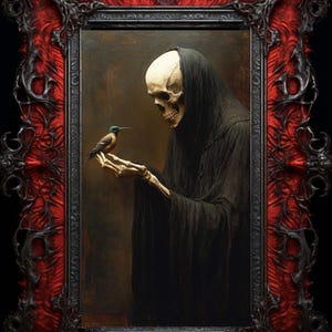 May include: A skeletal figure wearing a black hooded robe holds out a small blue and brown bird in its bony hand. The figure is set against a dark brown background.
