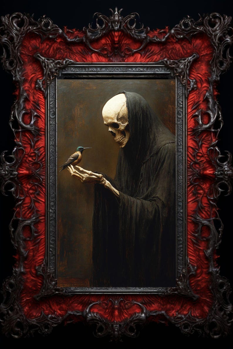 May include: A skeletal figure wearing a black hooded robe holds out a small blue and brown bird in its bony hand. The figure is set against a dark brown background.